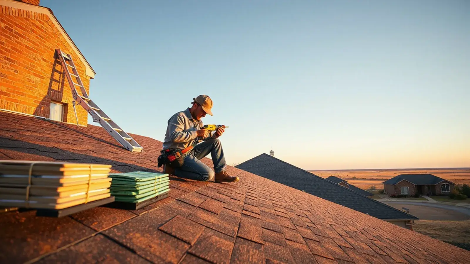 Roofer installing architectural shingles on a brick ranch home in Lubbock, TX under a wide West Texas sky