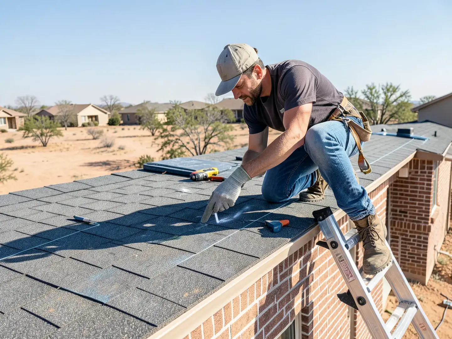 Roofer inspecting asphalt shingles for hail damage on a West Texas home