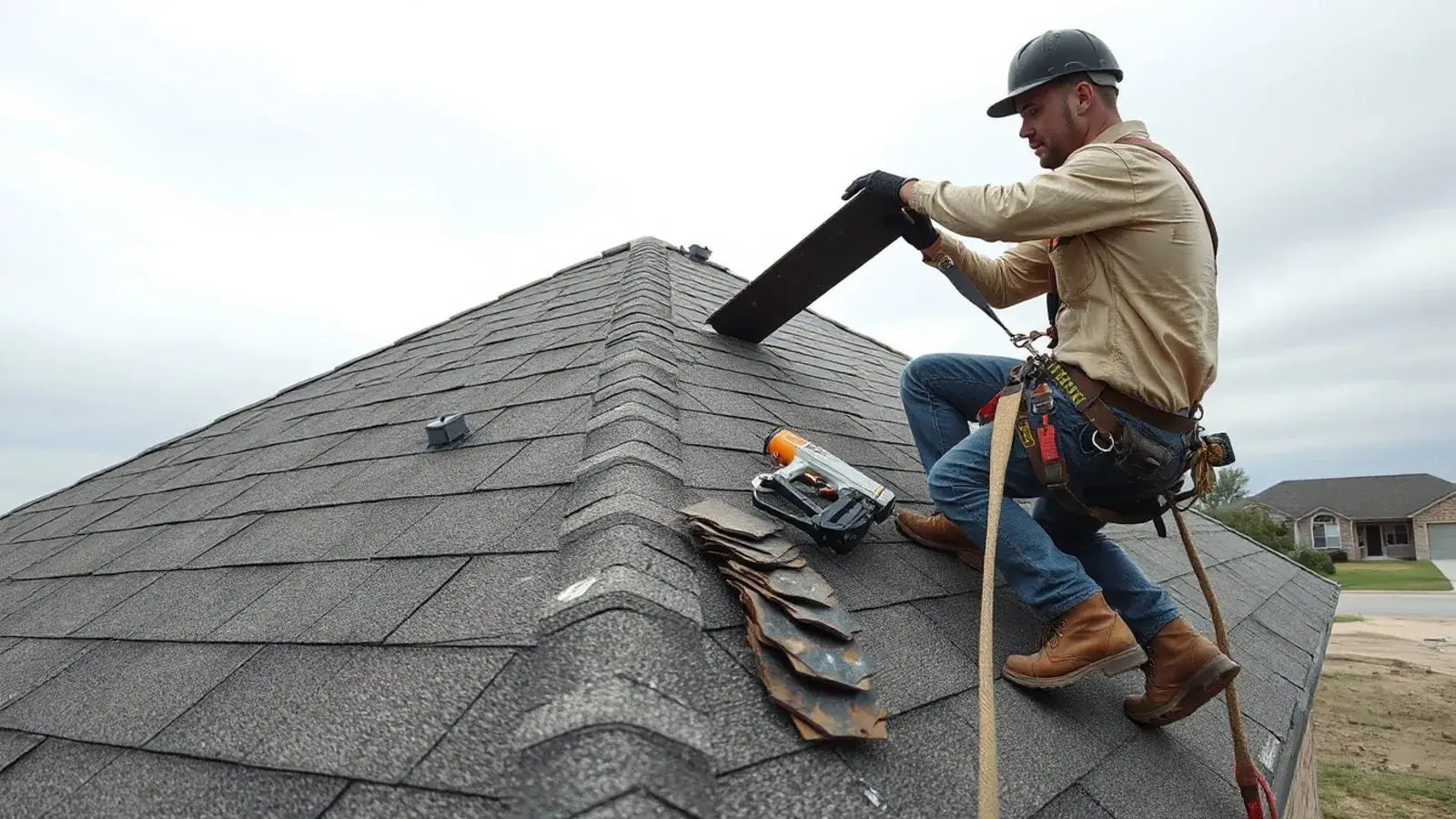 Roofer replacing wind-damaged asphalt shingles on a brick ranch home in Lubbock, TX