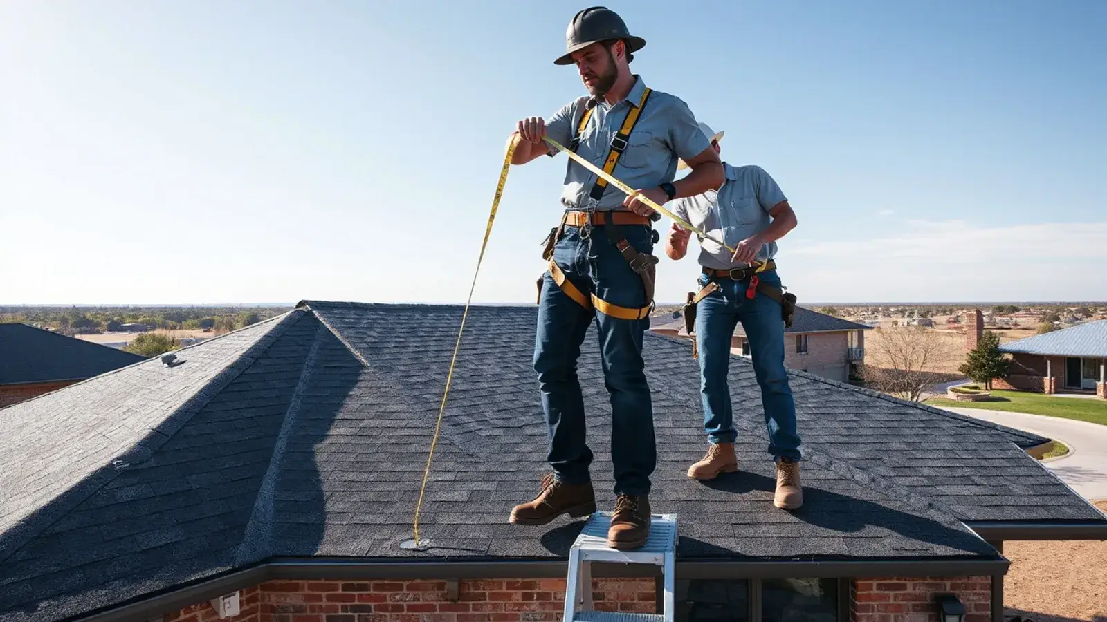 Roofer measuring an asphalt shingle roof on a brick ranch home in Lubbock, TX under a wide West Texas sky