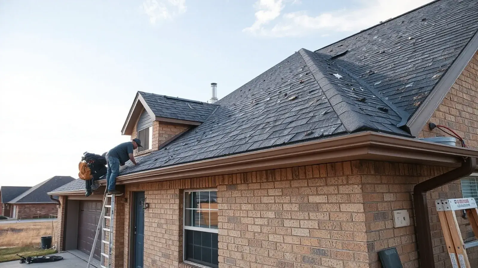 Hail-pocked asphalt shingle roof on a brick ranch home in Lubbock, TX after a spring storm